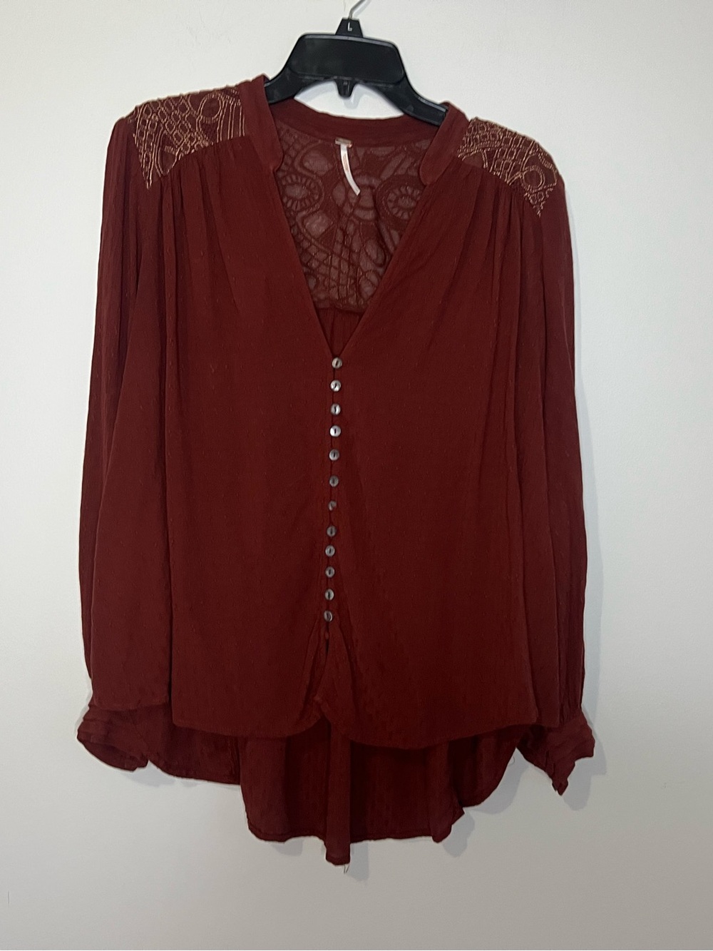 Free People Deep Burgundy Button-Front Lace Yoke Blouse